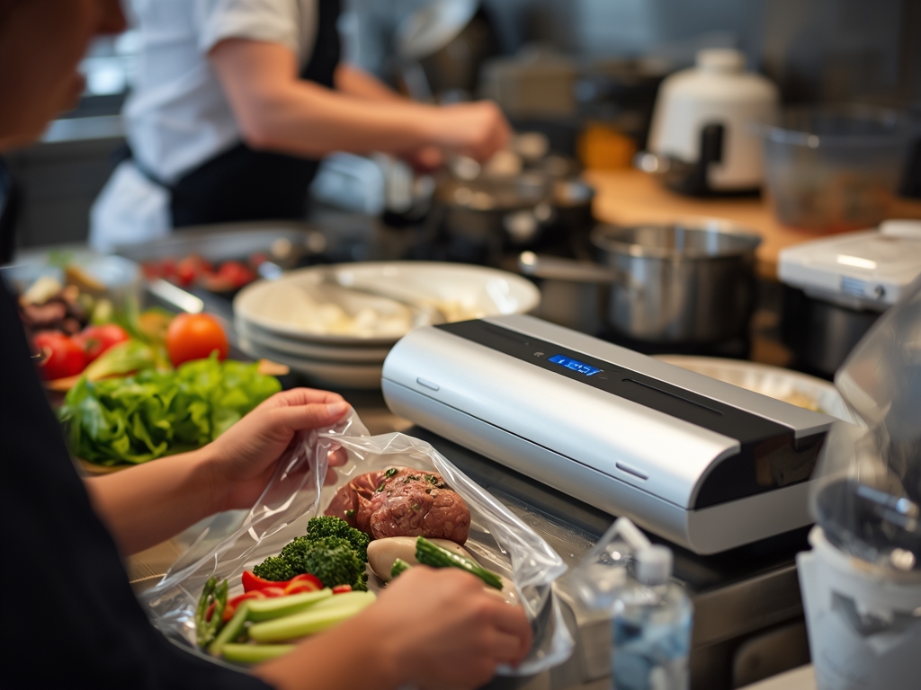 A busy kitchen scene with a person using the vacuum