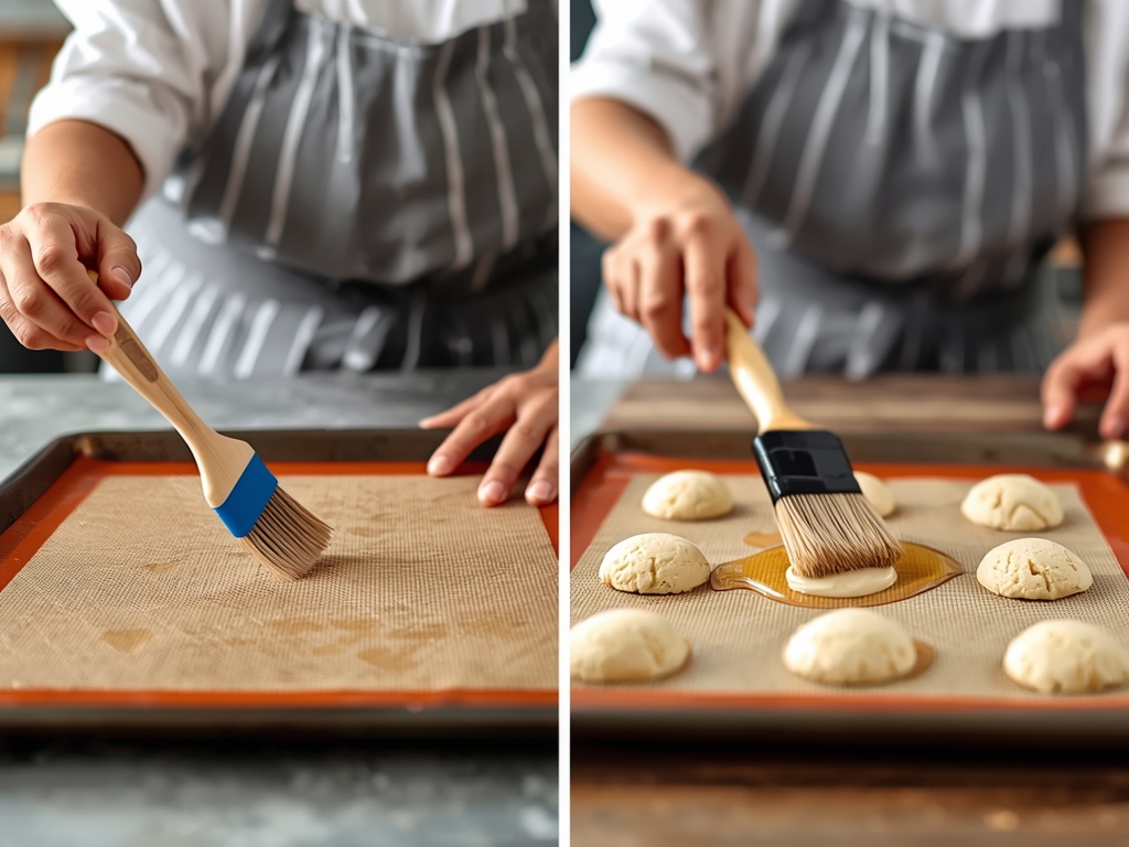 A busy kitchen scene with a baker using a silicon