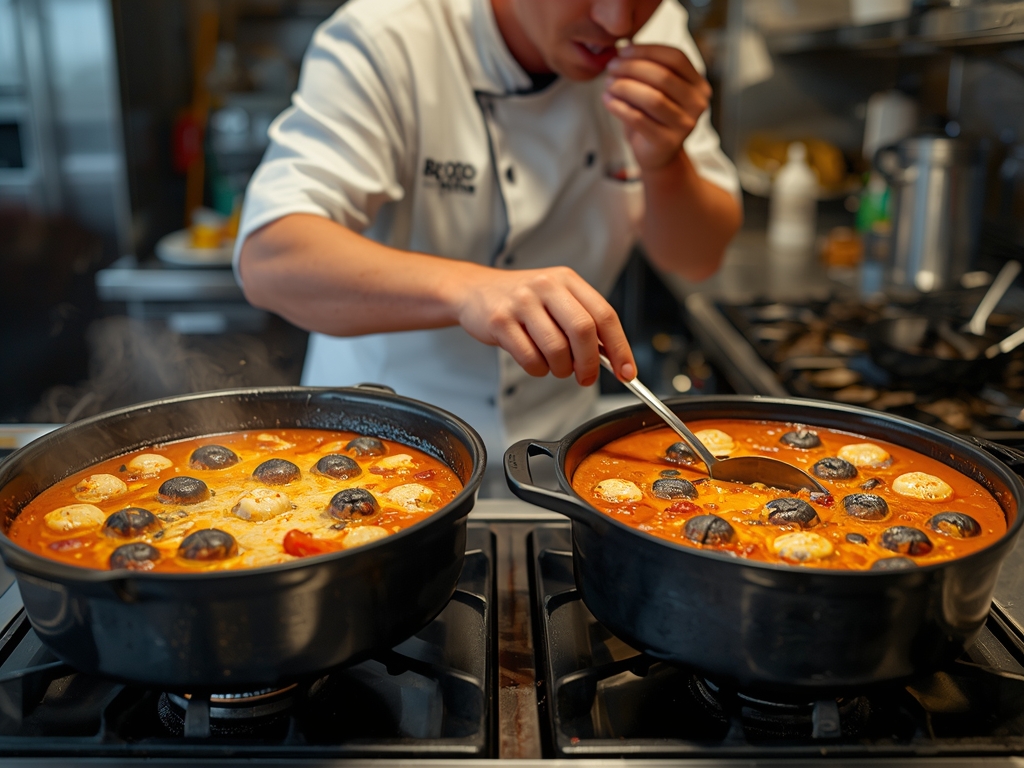 A busy kitchen scene with a French oven and a