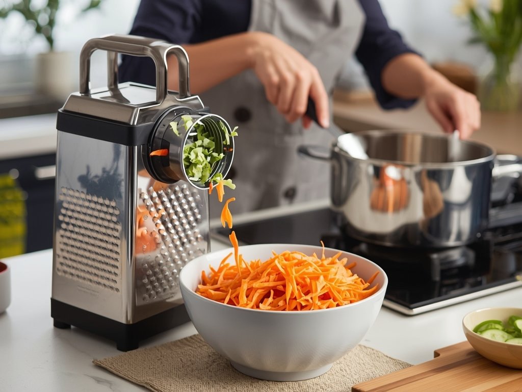 A busy kitchen scene with an electric grater shredding carrots