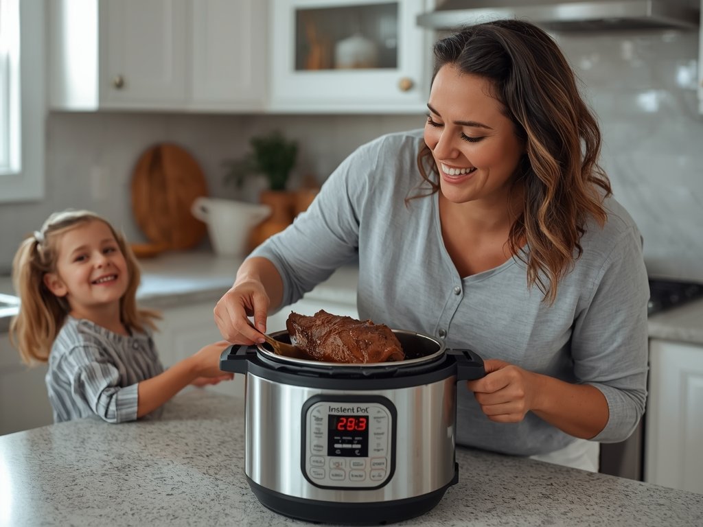 A busy mom smiling as she pulls a perfectly cooked