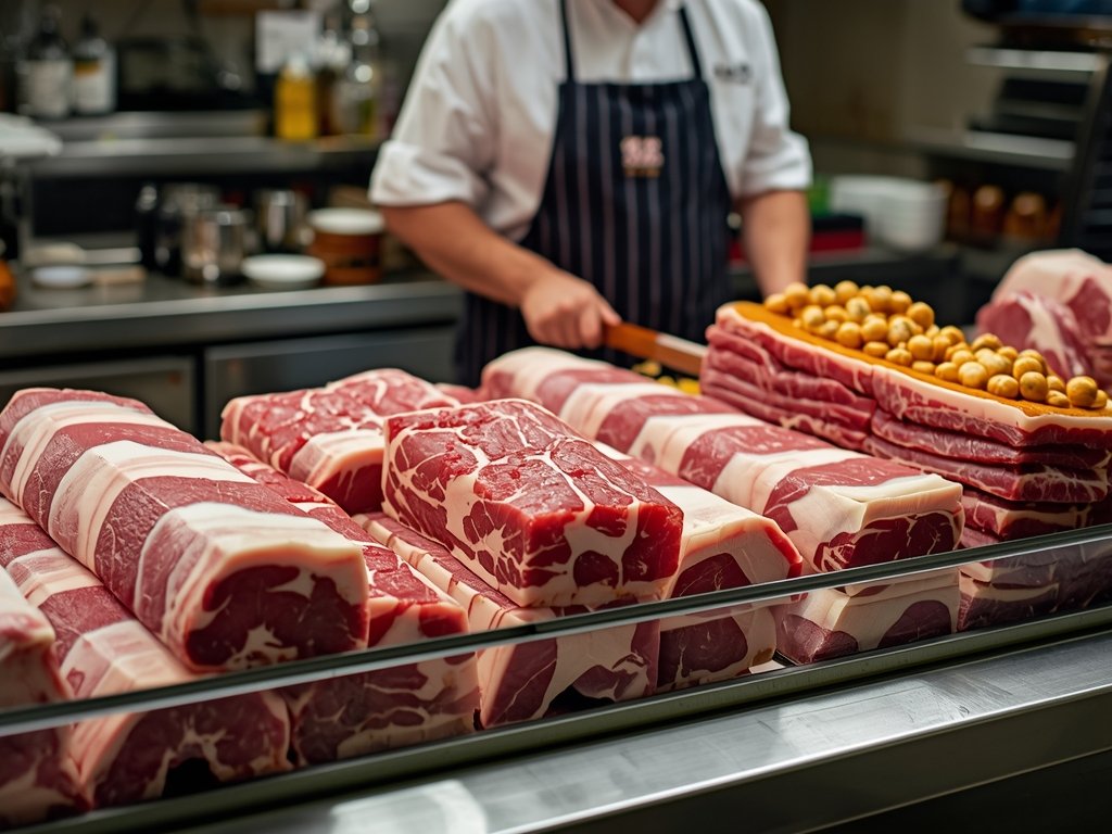 A butcher's counter displaying various cuts of pork belly, with