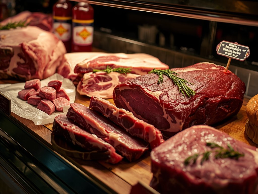 A butcher's counter displaying various cuts of meat, with a
