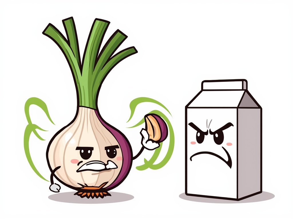 A cartoon illustration of an onion and garlic clove emitting