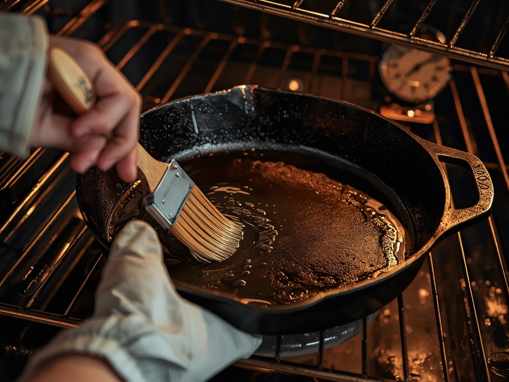 A cast iron skillet being re-seasoned in a hot oven,
