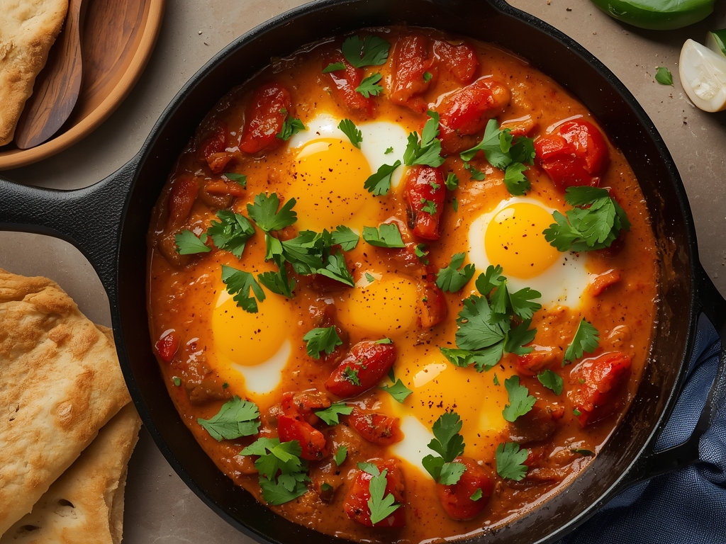 A cast-iron skillet filled with bubbling shakshuka, eggs poached in