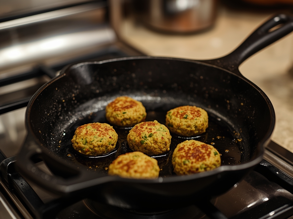A cast-iron skillet heating on a stovetop, with a few