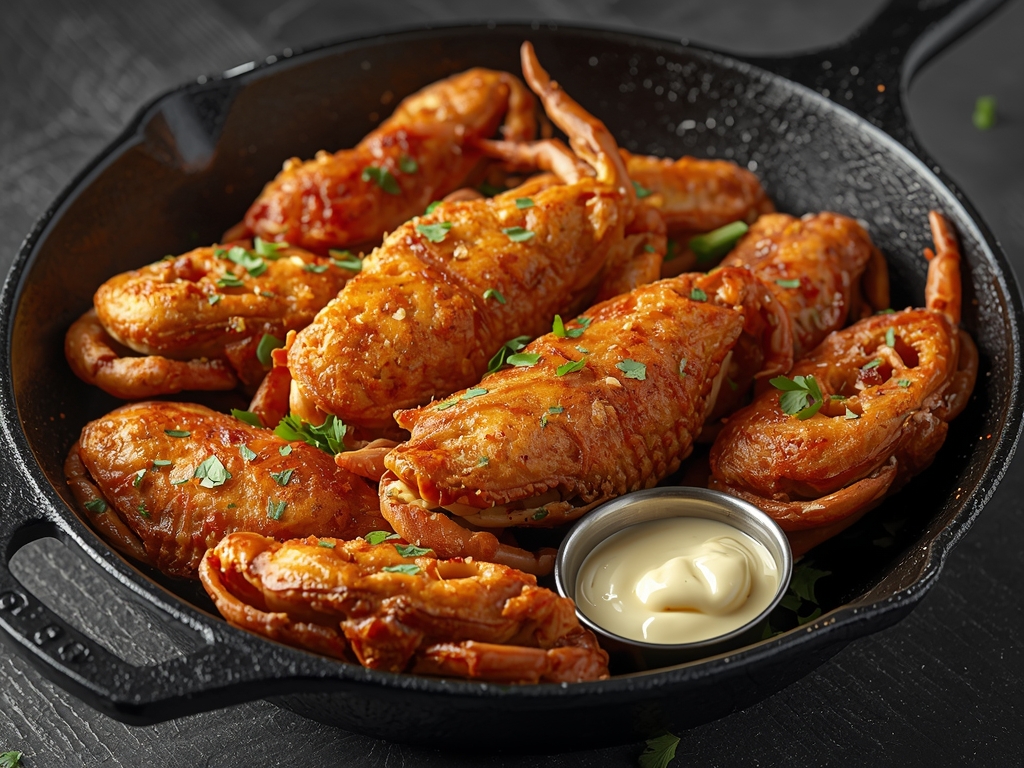 A cast-iron skillet sizzling with soft-shell crabs, golden-brown and crispy,