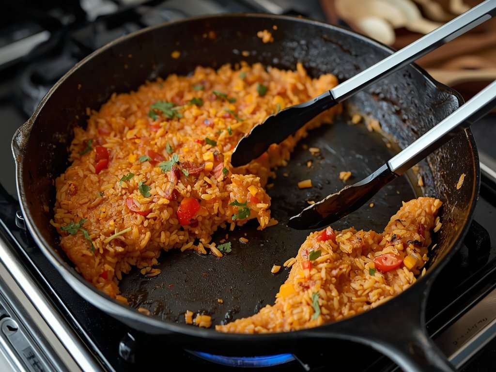 A cast-iron skillet with leftover paella being heated, showing the