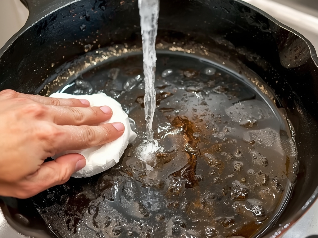 A cast iron skillet with stuck-on food residue, being cleaned