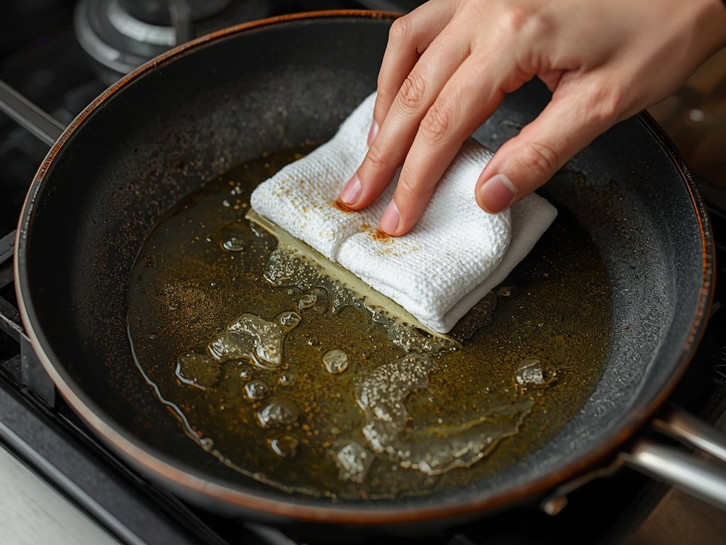 A ceramic pan being seasoned with a thin layer of
