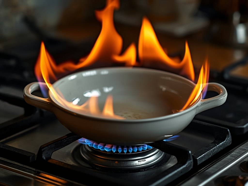 A ceramic pan on a stovetop with flames licking the