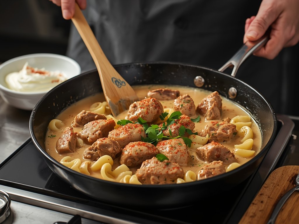 A chef carefully stirring a skillet of creamy brisket stroganoff,