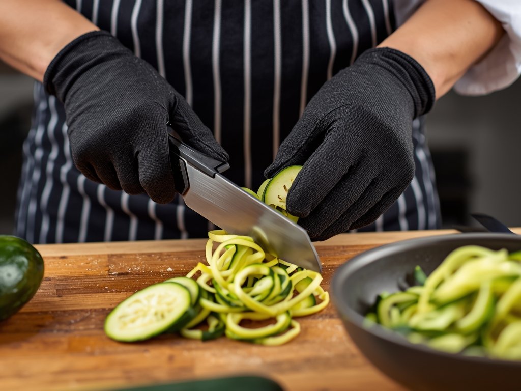 A chef confidently using a mandoline slicer with a cut-resistant