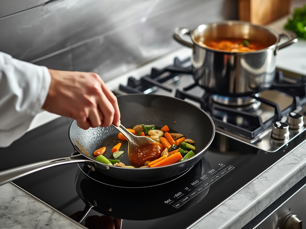 A chef sautéing vegetables on an induction cooktop, with a