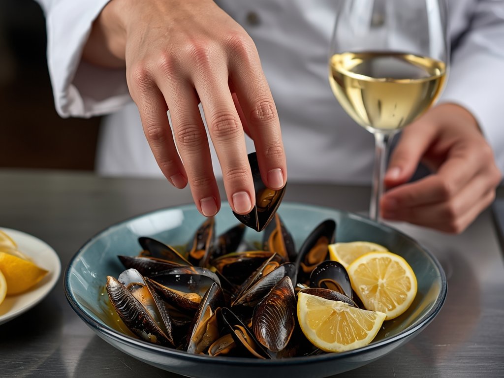 A chef's hand gently arranging reheated mussels on a plate,