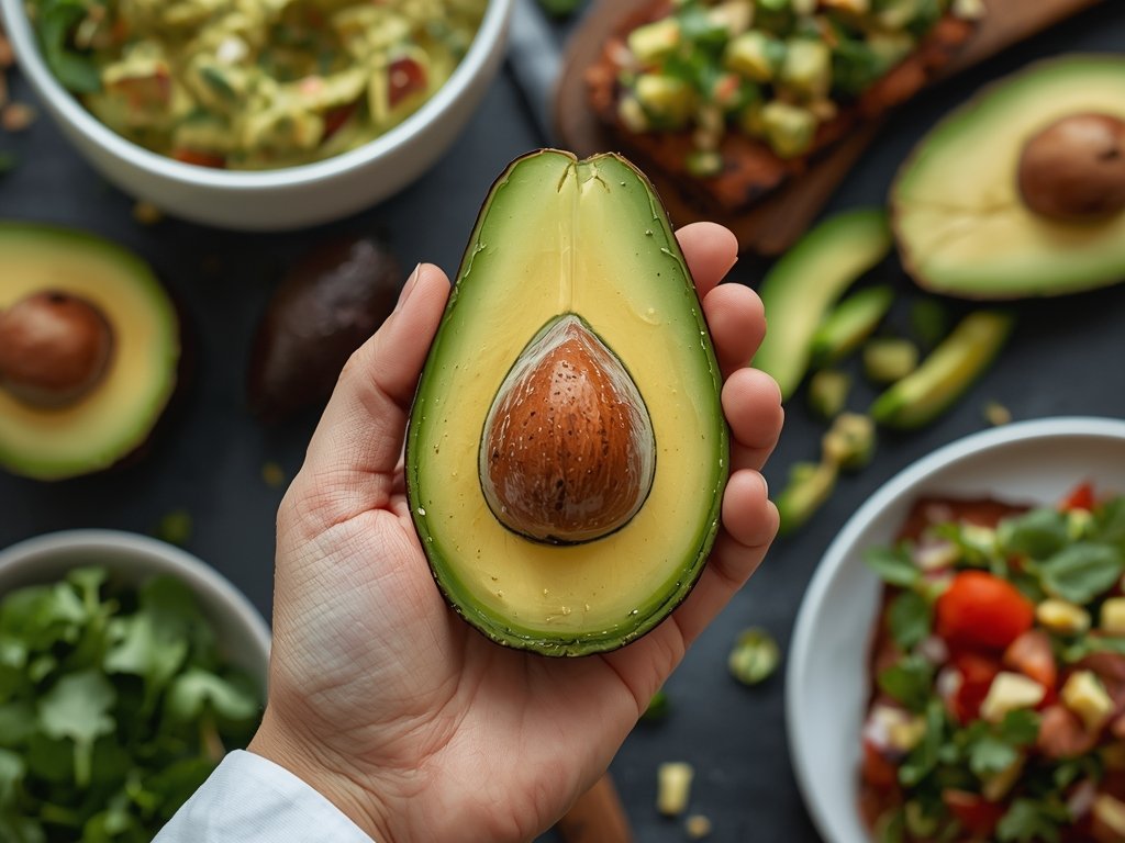 A chef's hand holding a perfectly ripe avocado, with a
