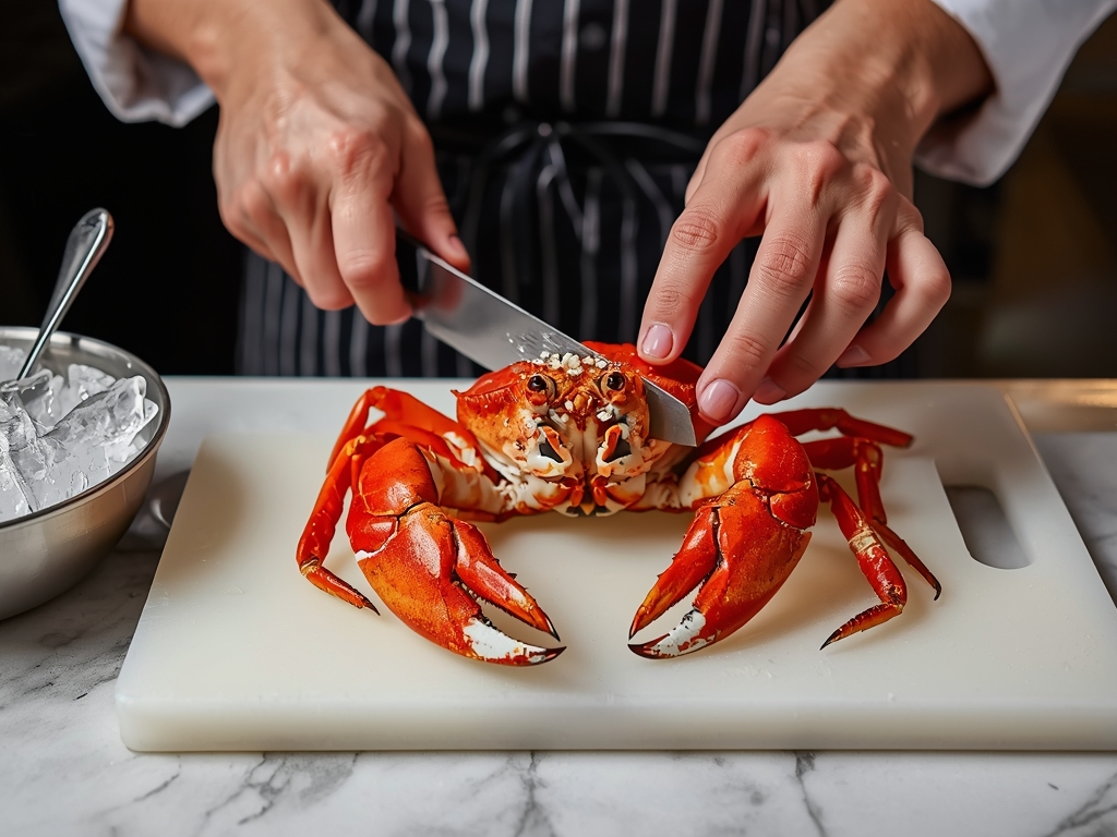 A chef’s hands carefully cleaning a soft-shell crab, removing the