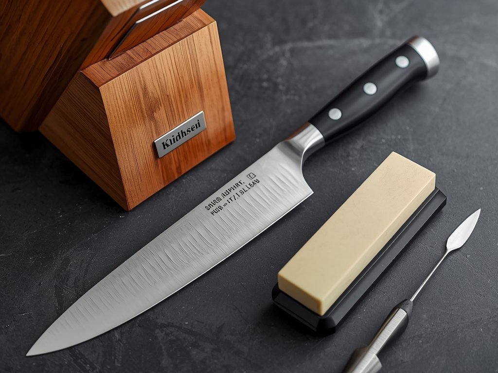 A chef's knife stored in a knife block, with a