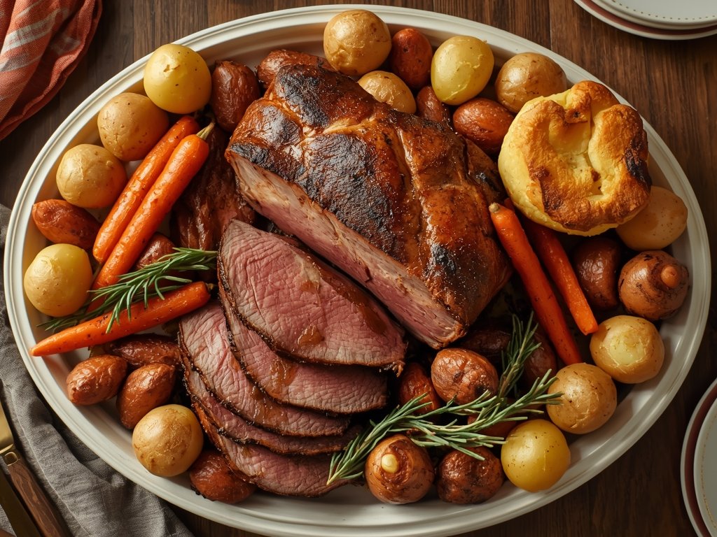 A classic Sunday roast spread on a large platter, featuring