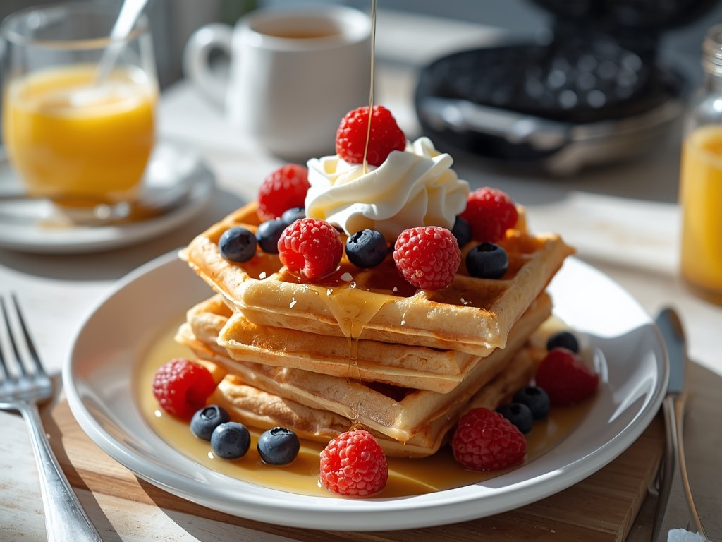 A classic waffle maker with a stack of golden, crispy