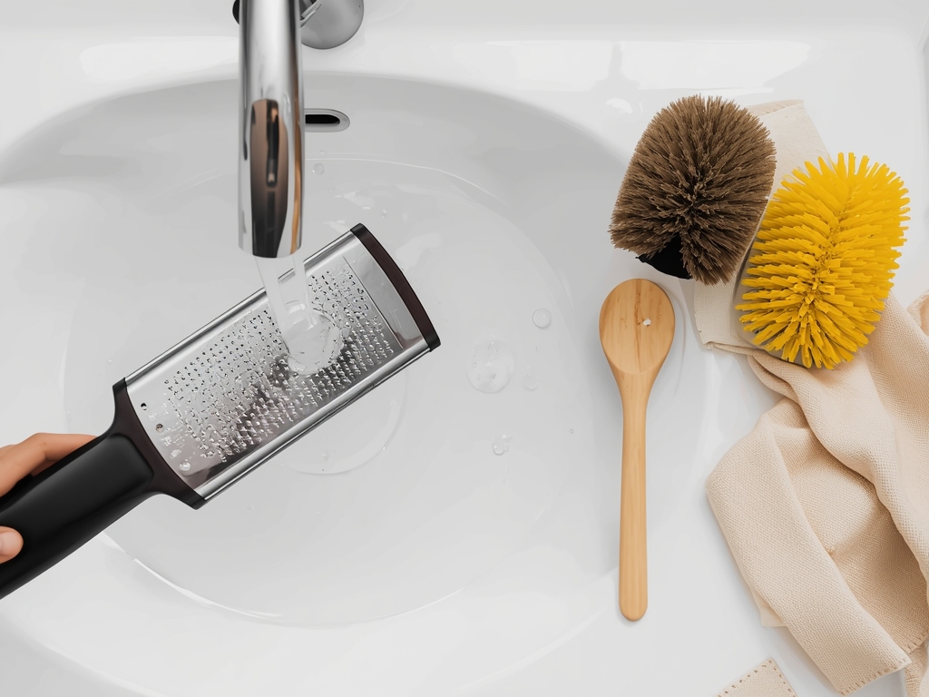 A clean, minimalist image of a Microplane grater being washed