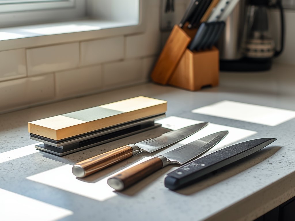 A clean, well-lit kitchen counter with the three knives being