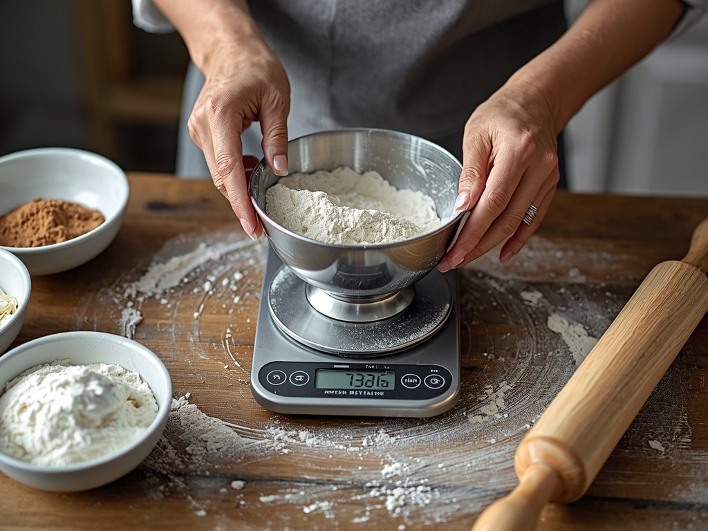 A close-up of a baker carefully measuring flour with a