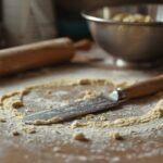 A close-up of a bench scraper with dough remnants, resting