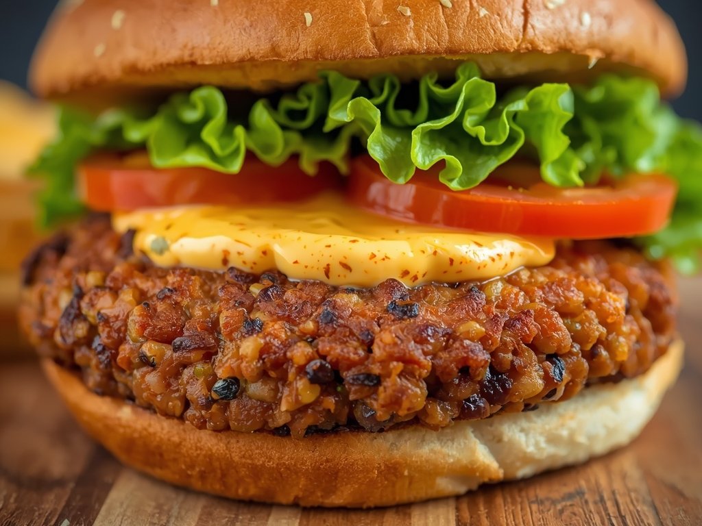 A close-up of a black bean burger patty, golden and