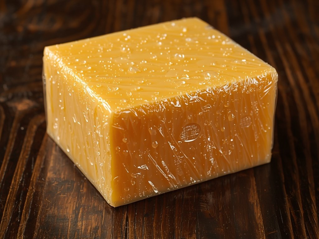 A close-up of a block of cheddar cheese wrapped tightly