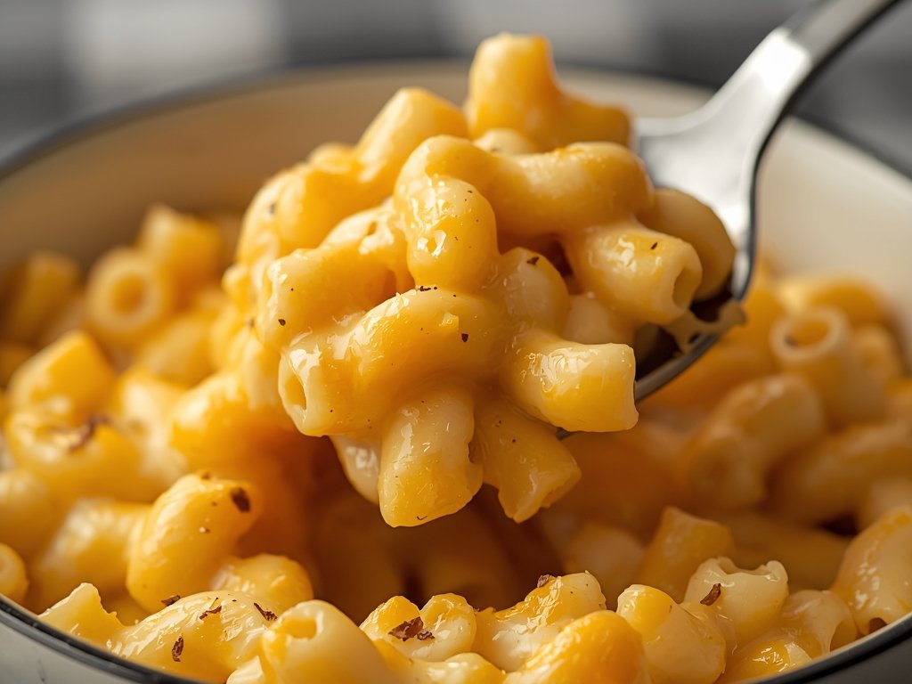 A close-up of a bowl of mac and cheese with