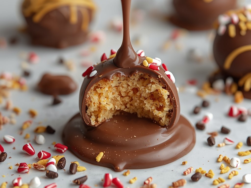 A close-up of a cake truffle being dipped into melted