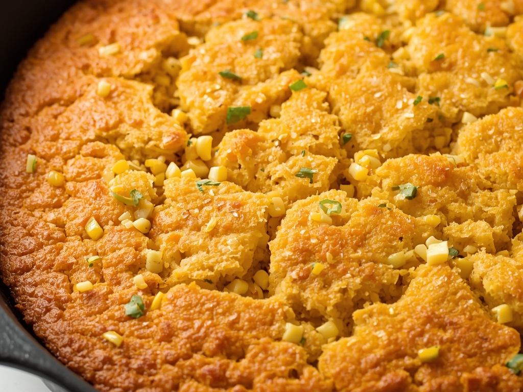 A close-up of a cast-iron skillet with golden-brown cornbread, slightly