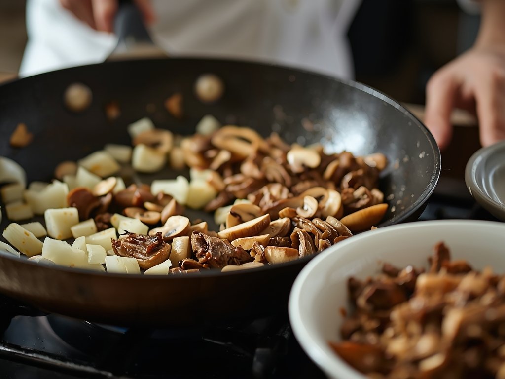 A close-up of a chef sautéing onions and mushrooms in