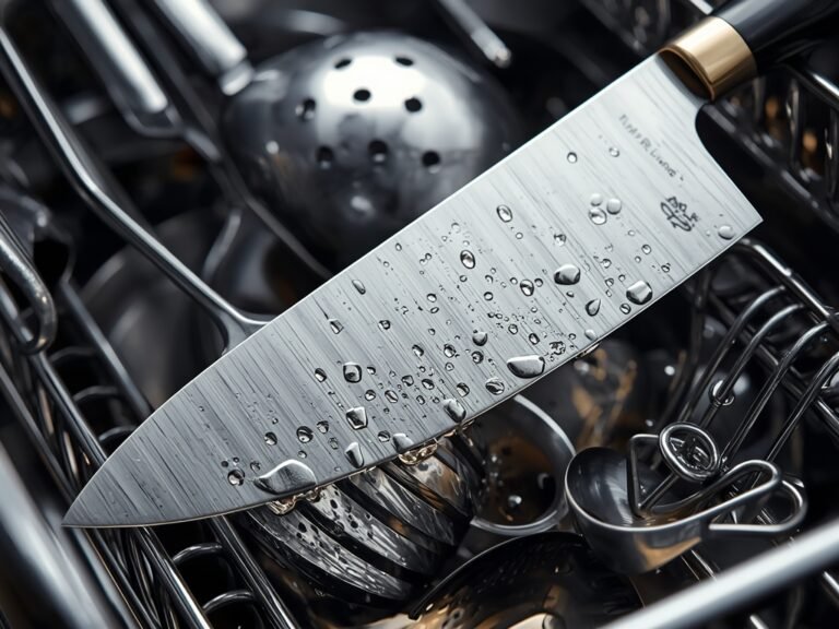 A close-up of a chef's knife in a dishwasher, surrounded