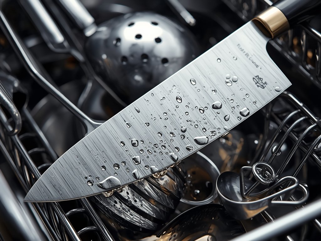A close-up of a chef's knife in a dishwasher, surrounded