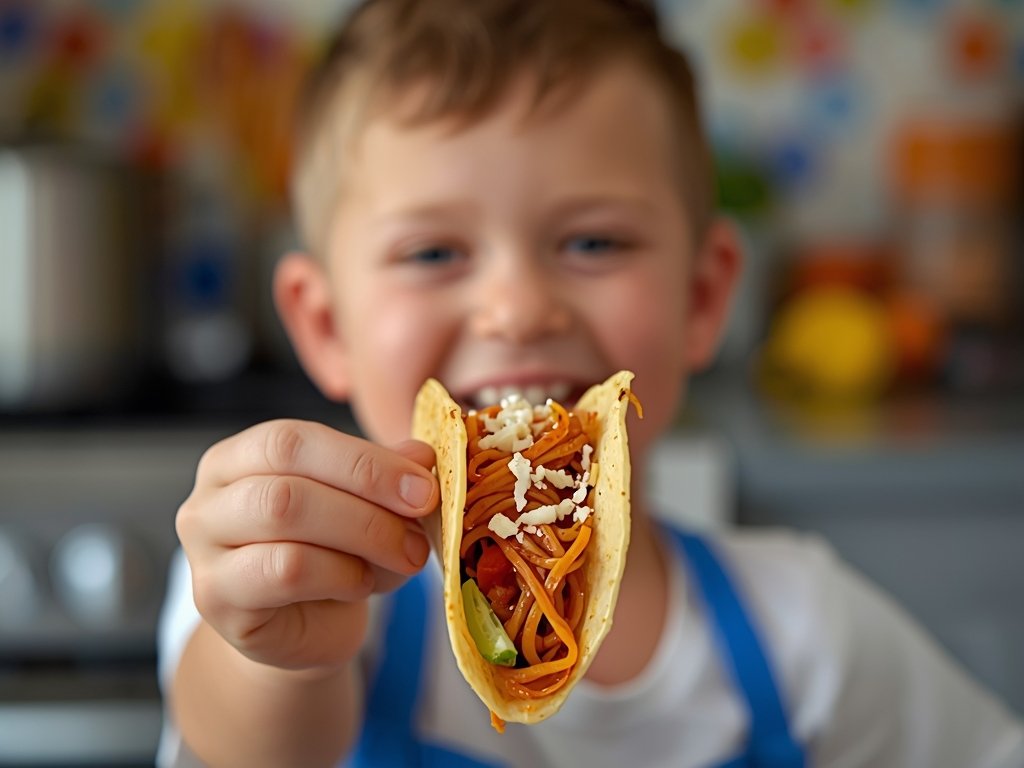 A close-up of a child’s hand holding a spaghetti taco,