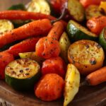 A close-up of a colorful assortment of roasted vegetables, including