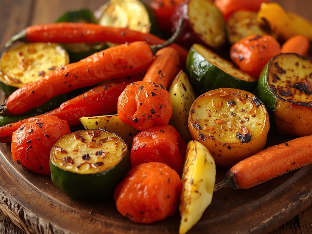 A close-up of a colorful assortment of roasted vegetables, including