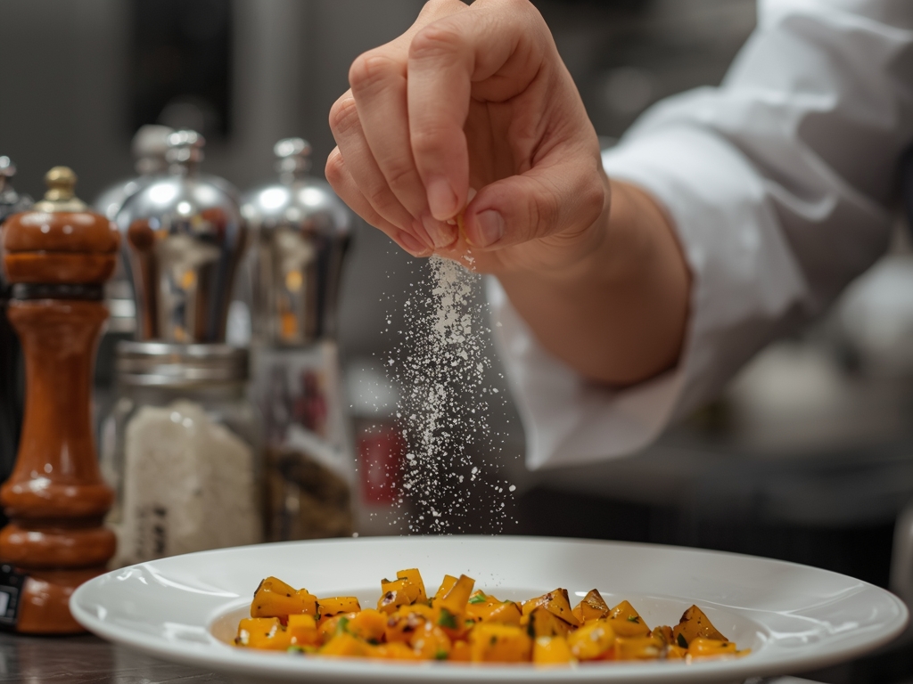 A close-up of a cook's hands seasoning a dish with