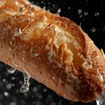 A close-up of a crusty baguette being splashed with water