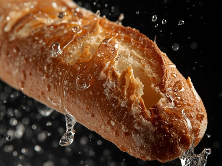 A close-up of a crusty baguette being splashed with water