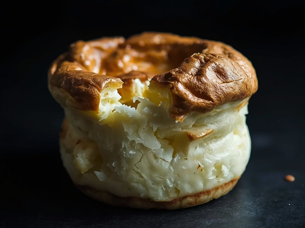 A close-up of a deflated soufflé, its golden crust cracked