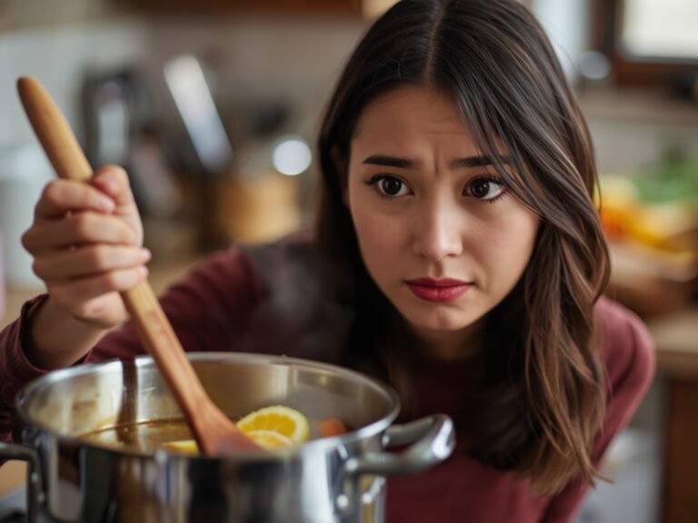 A close-up of a disappointed home cook looking at a