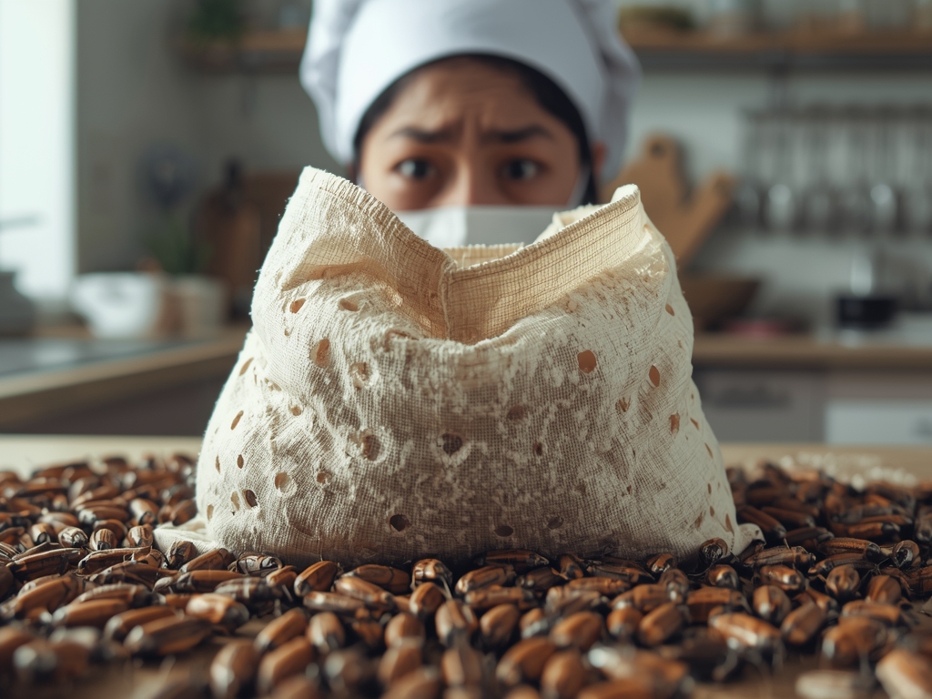 A close-up of a flour bag with tiny holes, surrounded