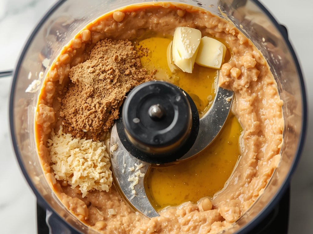 A close-up of a food processor filled with chickpeas, tahini,