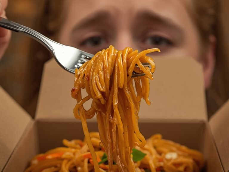 A close-up of a fork twirling clumped Pad Thai noodles