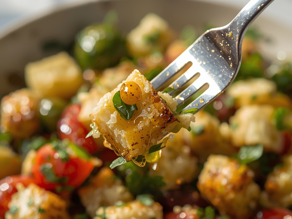 A close-up of a fork twirling through the panzanella, showcasing