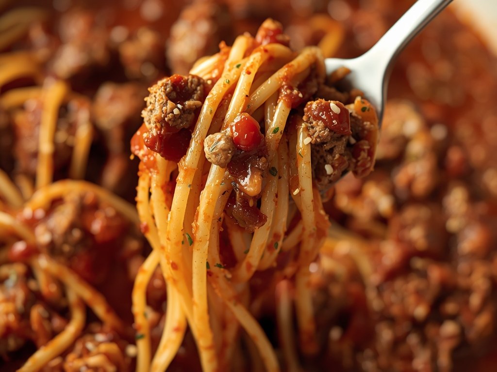 A close-up of a fork twirling spaghetti coated in a